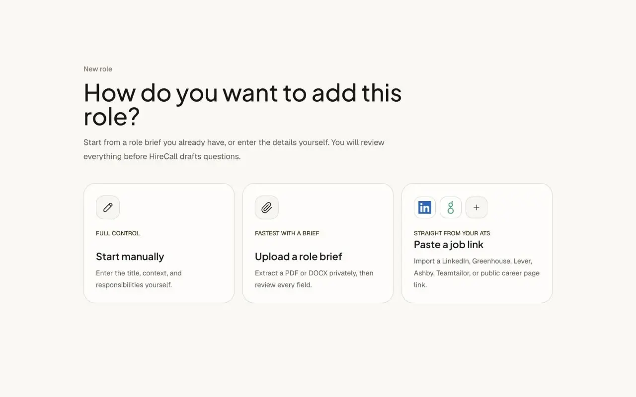 HireCall role creation screen with options to start manually, upload a role brief, or paste a job link from an ATS