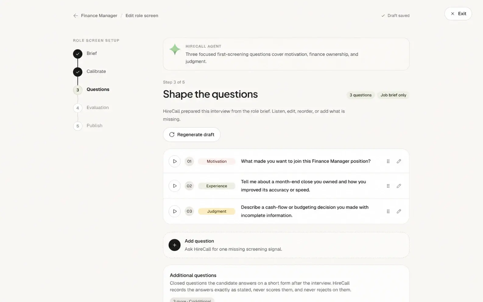 HireCall interview builder showing three Finance Manager pre-screening questions for motivation, experience and judgment