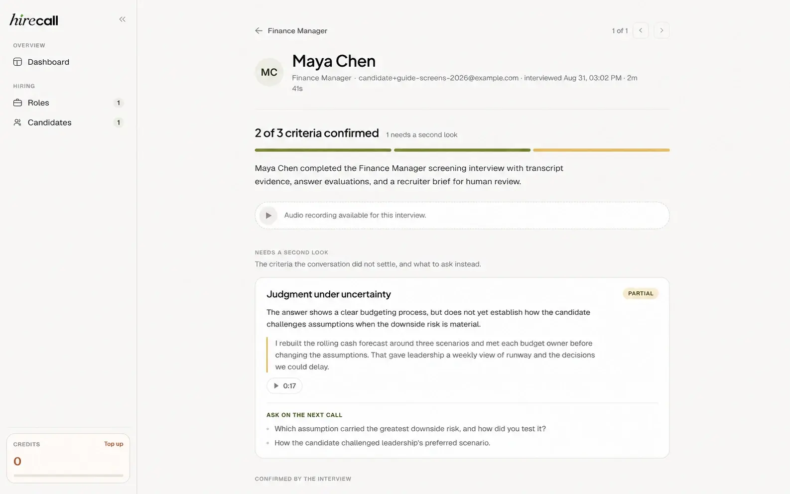 HireCall recruiter brief for Finance Manager candidate Maya Chen with two confirmed criteria and one follow-up area