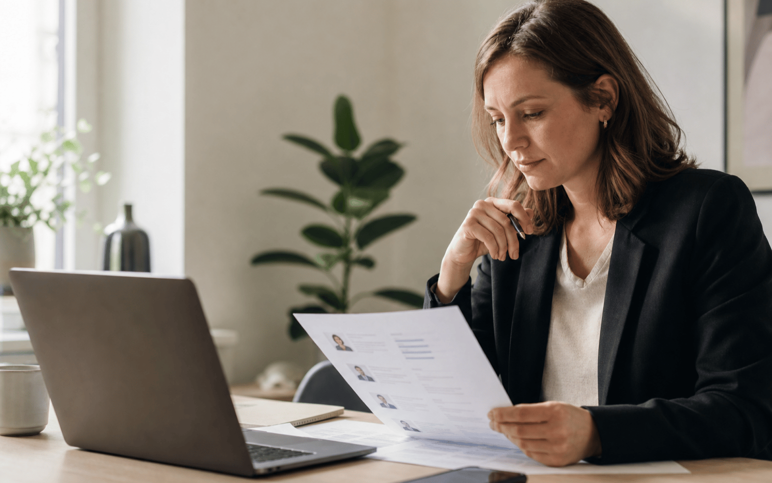 Recruiter reviewing candidate applications against a checklist