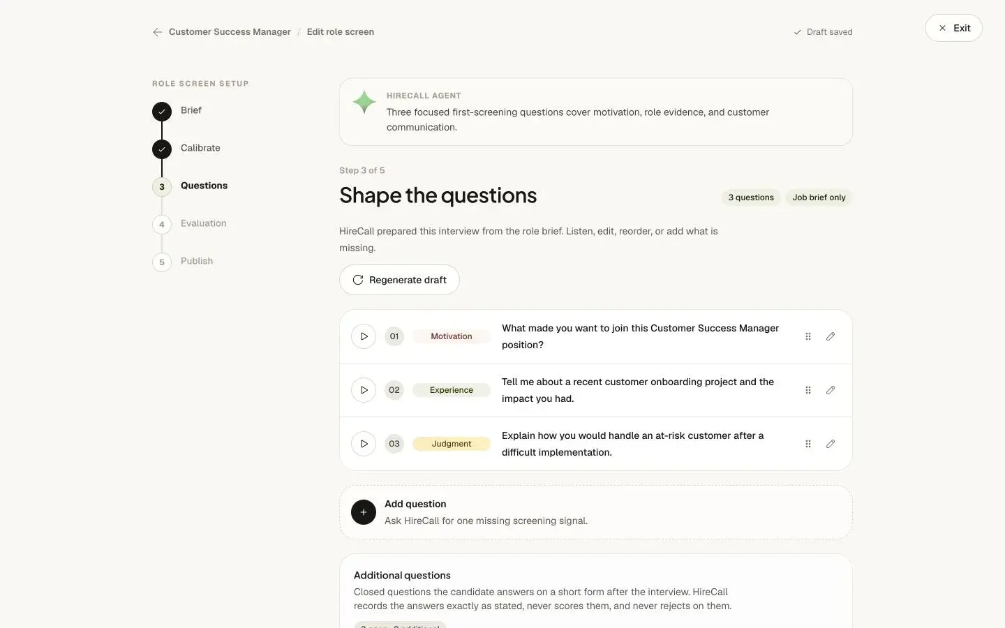 HireCall interview builder with three role-specific pre-qualification questions for a Customer Success Manager